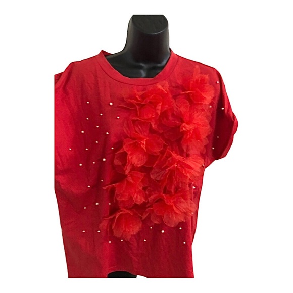 Red pearl adorned 3d floral embellished short sleeve shirt top  size XL new - Picture 5 of 12